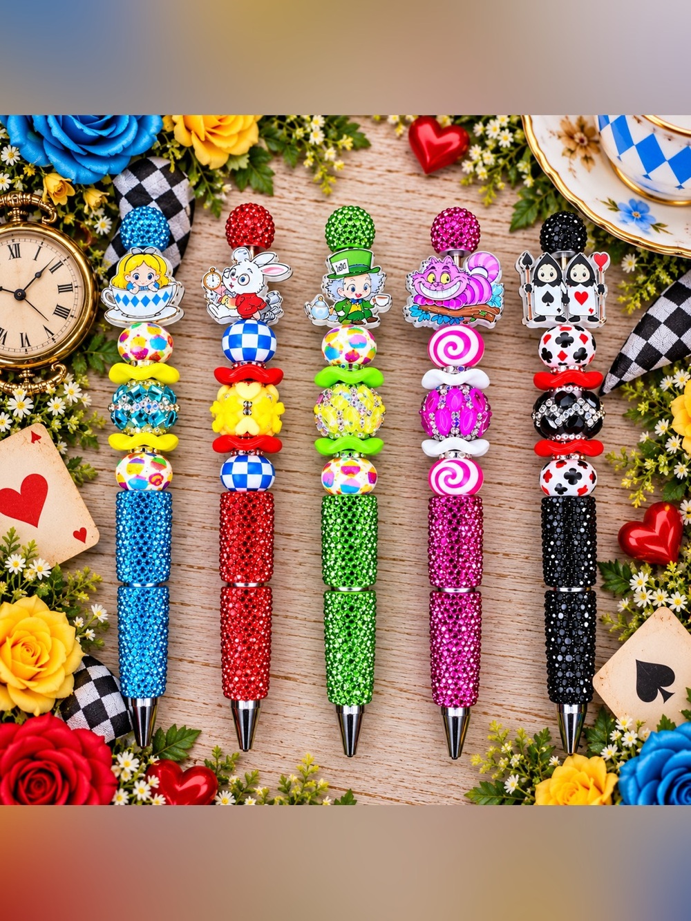 Alice In Wonderland Beaded Rhinestone Twist Pens ✨🫖Pick One🫖✨